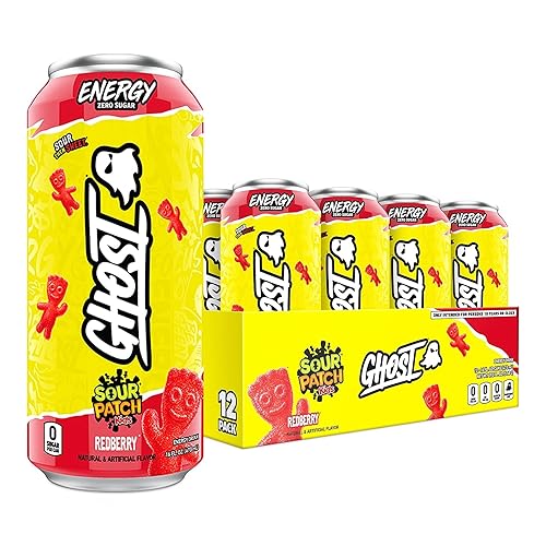 GHOST Energy Drink - 12-Pack, Sour Patch Kids Redberry, 16oz - Energy & Focus & No Artificial Colors - 200mg of Natural Caffeine, L-Carnitine & Taurine - Gluten-Free & Vegan - SOUR PATCH KIDS Redberry