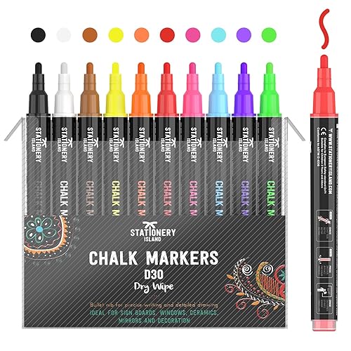 STATIONERY ISLAND Chalk Markers, Dry Erase Liquid Chalk Marker Pens Erasable for Chalkboards, Signs, Windows, Blackboard, Glass and Mirrors - 3mm Fine Tip (Multicolor Pack of 10)