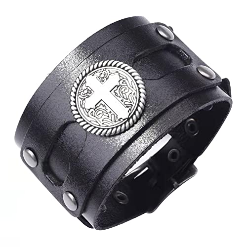 NIGHTCRUZ Wide Leather Bracelet with Cross, Medieval Leather Cuff Wristband for Mens - Black