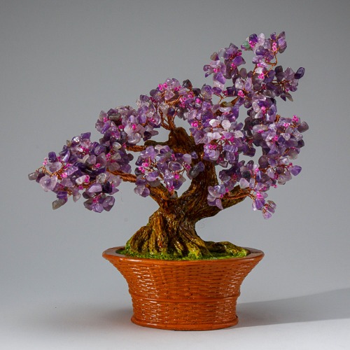 Genuine Amethyst with Rose Quartz Beads Bonsai Tree in Round Basket Ceramic Pot (9” Tall)
