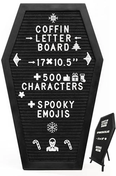 Coffin Letter Board Black With Spooky and Creepmas Emojis +500 Characters, and Wooden Stand - 17x10.5 Inches - Gothic Halloween Decor Spooky Gifts Decorations