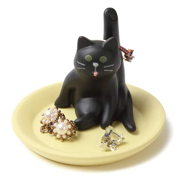 Ring Holder Dish [Japan Import] Cute Animal Design Jewelry Dish Tray for Engagement Ring, Wedding Ring, Earrings, Cat Lover, and Gifts (Black Cat) - Black Cat