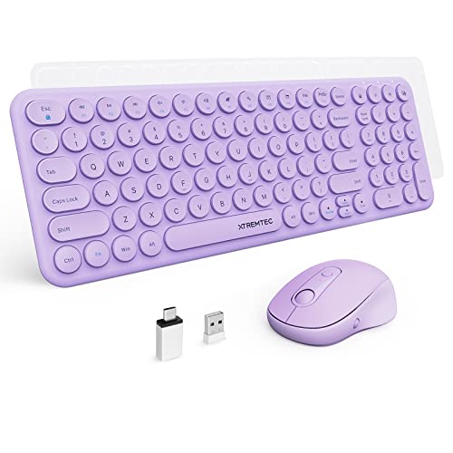 Wireless Keyboard and Mouse, XTREMTEC Compact Size Cute Keyboard Retro Round Keycap - 2.4GHz Ultra-Slim Quiet Aesthetic Keyboard for Laptop iMac Windows Computer (Sakura Pink) - Purple