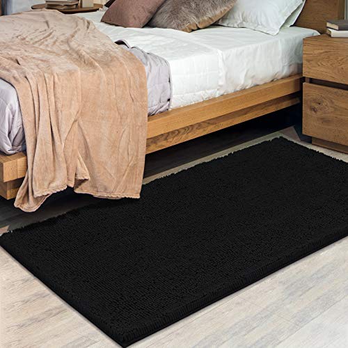 Extra Long Soft Plush Chenille Bathroom Runner Rug, Absorbent Microfiber Bath Mat, Machine Washable, Non-Slip Grip, Shag Carpet Great for Bath, Shower, Bedroom, or Door Mat (Black, 31x59) - -59"x31" - Black