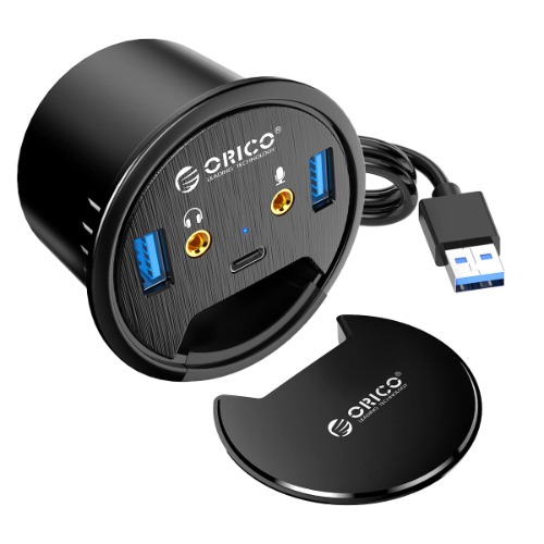 ORICO Desk Grommet USB 3.0 Hub with 2 Type-A 1 Type-C Port, Mic&Audio Jack, 4.9ft Long Cord for Diameter 60mm Hole, Desktop Cable Organizer, Home Office PC Accessories - 2 USB+Mic+Audio+USB C