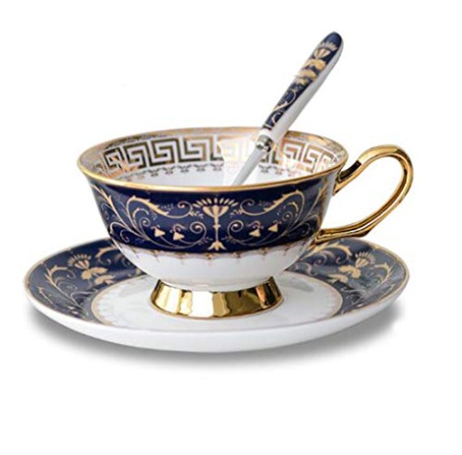 YBK Tech Euro Style Bone China Cup& Saucer Set, Ceramic Tea Coffee Cup for Home Kitchen Wedding (Royal Pattern- Deep Blue) - Royal Pattern- Deep Blue