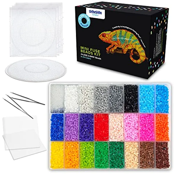 shinshin creation 24,000 Mini Fuse Beads kit 2.6mm, 24 Colors 5 Pegboards 2 Tweezers Mini Beads Kit Compatible Hama Beads Melty Mini Beads Melting Beads Iron Beads Craft Beads Bulk Beados kit Storage