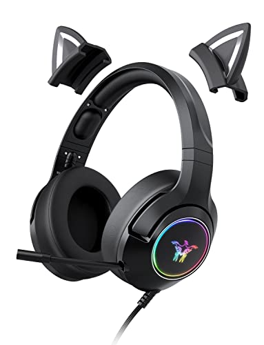 PHNIXGAM Gaming Headset with Mic for PS4, PS5, Xbox One(No Adapter), Wired Over-Ear Headphones with Detachable Cat Ears, Noise Cancelling Microphone, RGB Backlight, Surround Sound for PC, Mobile Phone