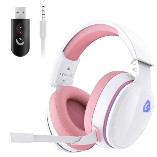 Gtheos Wireless Gaming Headset for PS5, PC, PS4, Mac, Nintendo Switch, 2.4GHz USB Gamer Headset, Bluetooth 5.2 Gaming Headphones with Microphone for Laptop, Computer, Mobile, Stereo Sound (Pink) - Pink