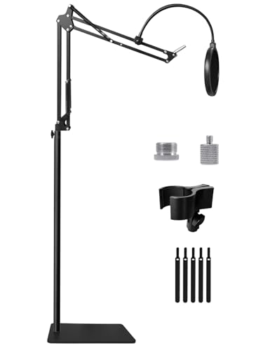 Boom Arm Floor Mic Stand for Blue Yeti, Yeti Nano, Snowball, HyperX QuadCast and More Microphone, Adjustable Suspension Boom Arm Stand with 3/8" to 5/8" 1/4" Screw, Pop Filter, Mic Clip, Cable Ties