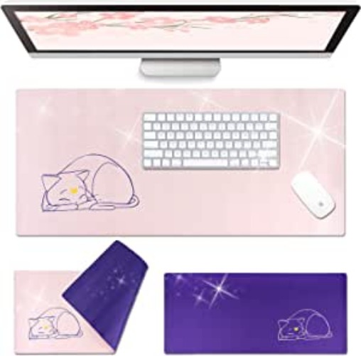 Glopastel Anime Cat Moon Desk Pad | Double Sided Pale Pastel Pink Purple | Waterproof Faux Leather Mat Mousepad | Luna Kawaii Cute Desk Office Laptop Makeup Blotter Protector (Pink Purple, Large) - Purple Large