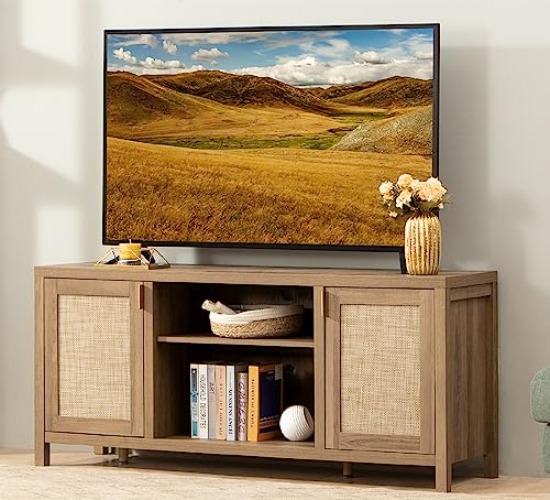 SICOTAS TV Stand for Living Room : Rattan TV Console Cabinet with Storage and Shelf, Boho Entertainment Center, 59" Media Console for 55, 65 Inch TV, 26" Tall Wood Television Stands, Oak - Reclaimed Caramel Oak