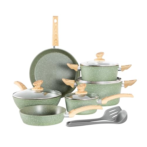 Kitchen Academy Induction Cookware Sets - 12 Piece Green Cooking Pan Set, Granite Nonstick Pots and Pans Set - 12 PCS Cookware Set - Green