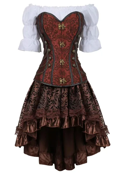 Jutrisujo Steampunk Corsage Corsagenkleid korsett bustier piraten Kostüm mit asymmetrischer Spitzenrock und Bluse für Karneval Halloween