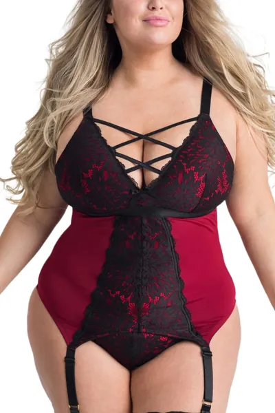 EVELUST Plus Size Dessous 2 Stück für Frauen Strumpfband Teddy Set mit Spitzen Tanga Rückenfrei Sexy Babydoll