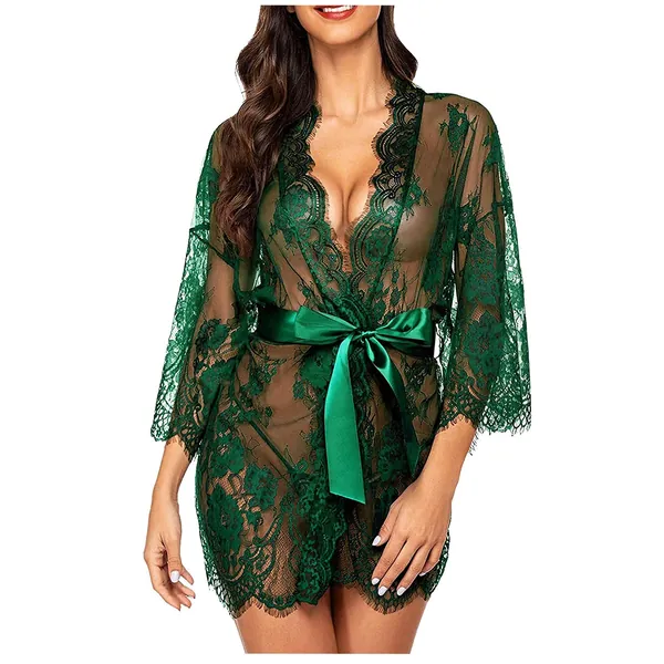 Darringls Damen Dessous Spitzen Kimono Sexy Kleid Weiter Ärmel Reizwäsche Set Negligee Unterwäsche Outfit Transparent Cover Up Morgenmantel mit Satin Gürtel