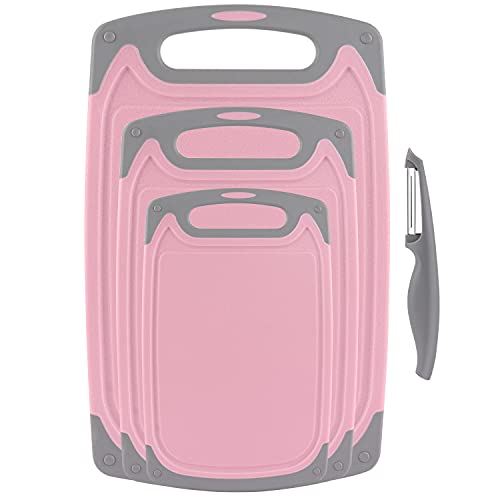 Cutting Boards for Kitchen, Plastic Chopping Board Set of 4 with Non-Slip Feet and Deep Drip Juice Groove, Easy Grip Handle, Dishwasher Safe, BPA Free, Non-porous(Pink/Gray) - Pink