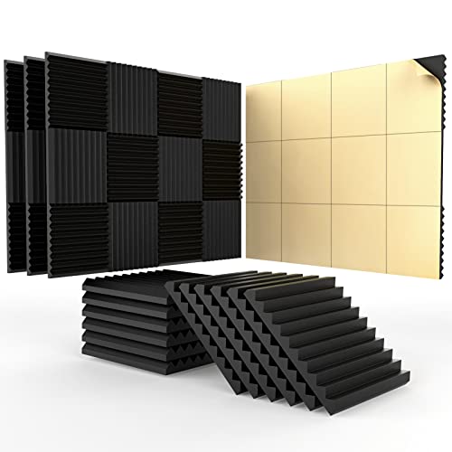 48 Pack Acoustic Panels With Self-Adhesive,1" X 12" X 12" Quick-Recovery Sound Proof Foam Panels, Acoustic Foam Wedges High Density, Soundproof Wall Panels for Home Studio,Carbon Black - 1 Inch 48 Pack Self Adhesive - black