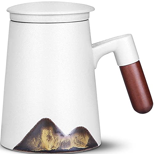 ENJOHOS Wooden handle Tea Mug Japanese Style Large Ceramic Tea Cup with Infuser and Lid, Fine Porcelain Infuser Mug for Work Life Gift (14 oz, Matte White) - 1 Count (Pack of 1) - Matte White