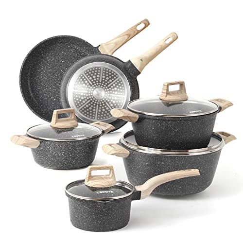 CAROTE Nonstick Granite Cookware Sets, 10 Pcs Pots and Pans Set, Non Stick Stone Kitchen Cookware Set with Frying Pans(Granite, Induction Cookware)… - Granite Classic Black Set - 10 pcs Cookware Set