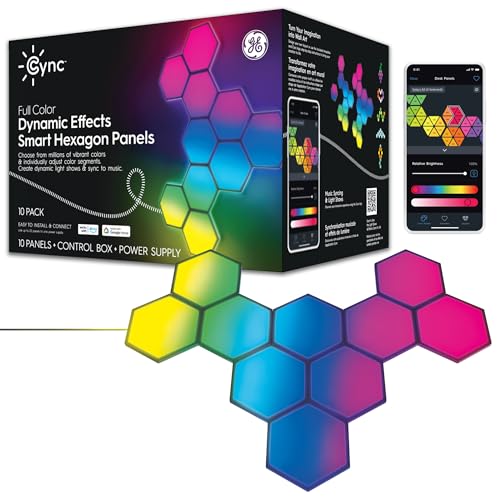 GE CYNC Dynamic Effects Indoor LED Hexagon Lights with Music Sync, Wall Lights, Room Décor Aesthetic Color Changing Lights, WiFi Smart LED Lights, Works with Amazon Alexa and Google, 10 Panels