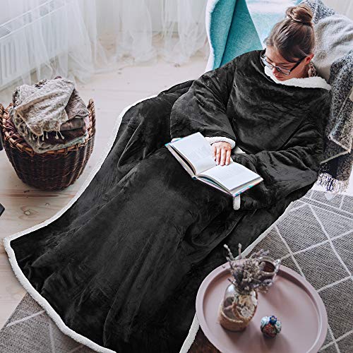 Tirrinia Sherpa Wearable Blanket for Adult Women and Men, Super Soft Comfy Warm Plush Throw with Sleeves TV Blanket Wrap Robe Cover for Sofa, Couch 72" x 55" Black - Sherpa W/ Sleeves - Black