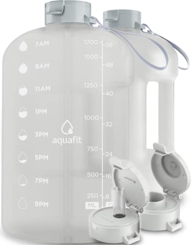 AQUAFIT Half Gallon Water Bottle With Time Marker - 64 oz Water Bottle With Straw - Gym Water Bottle With Strap - Big Water Bottle - Reusable Water Bottles With Straw - Large Water Bottle With Handle - 2 Lids + Time (64 oz) - Frosty