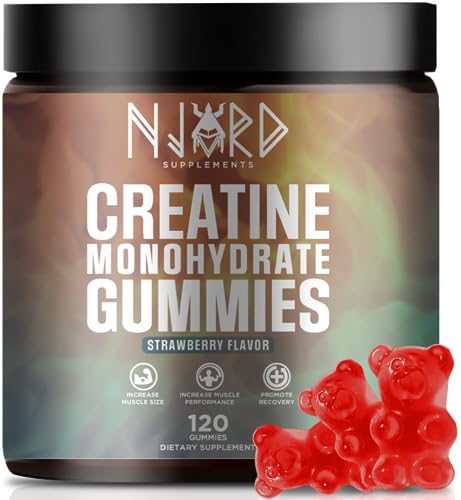 NJORD SUPPLEMENTS Creatine Monohydrate Gummy Candy, Sugar-Free, 30 Servings, 5g of Creatine Per Serving, Vegan, Gluten-Free, Bodybuilding Recovery Supplement to Increase Muscle Size and Strength