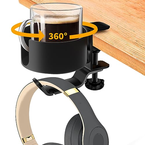 Large OOKUU 2 in 1 Desk Cup Holder with Headphone Hanger, Anti-Spill Cup Holder for Desk, Easy to Install, Sturdy, Durable, Enough to Hold Coffee Mugs, Water Bottles, Headphones - black - Large