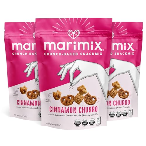 Marimix Snack Mix | Cinnamon Churro 3 Pack | Crunch Baked Sweet & Salty Savory Plant Based Naturally Gluten Free Whole Grain Fiber Charcuterie Pretzel Trail Party Mix | No Artificial Ingredients - Cinnamon Churro - 4 Ounce (Pack of 3)