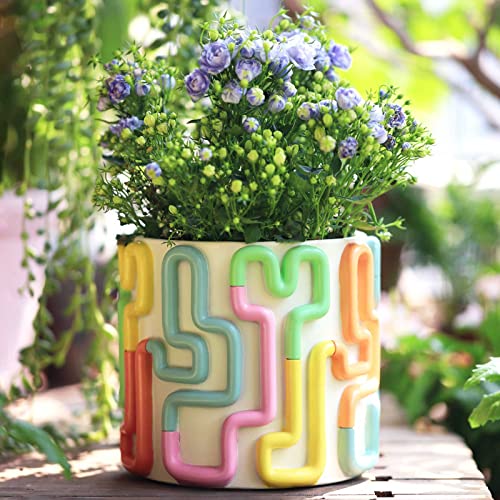 GUGUGO Colorful Squiggle Lines Planters Cute Unique Rainbow Planter with Drainage, Vintage Retro Flower Plant pots for Indoor & Outdoor Plants, Eclectic Succulent Gardening Pot for Boho Modern Décor - Squiggle Lines - 5Inch