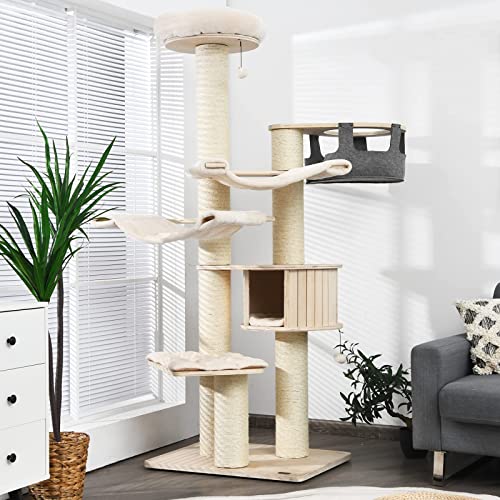 Tangkula Large Cat Tree, Multi-Level Tower with Sisal Posts, Hammocks, Hanging Basket, and Removable Washable Cushions, Ideal for Large Cats - 77.5 Inches