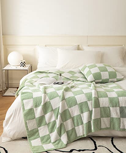 Ultra-Soft Buffalo Checkerboard Grid Fluffy Microfiber Knitted Throw Blanket Super Cozy Lightweight Checkered Bed Blanket for Sofa Couch Bed Matcha 51"X63" - Matcha - Throw 51"X63"