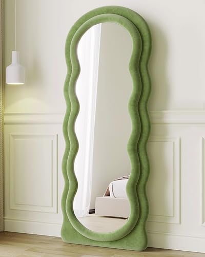 ITSRG Floor Mirror with Stand, Full Length Mirror Wall Mounted, Full Length Floor Mirror, Standing Mirror Full Length, Irregular Wavy Mirror, Flannel Wrapped Wooden Frame Mirror (Green) - Green - 24" x 63"