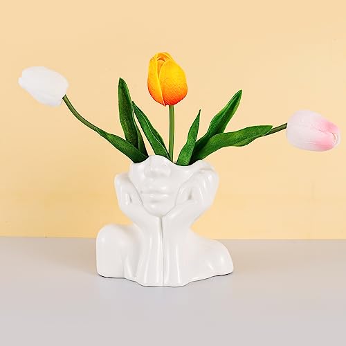 Face Vase -White Ceramic Head Vase for Flowers Female Form Head Half Body Vase Boho Decor Modern Decor for Living Room Office Bookshelf and Dining Table (6.5 * 3.07 * 5.9 inch) Large - Large