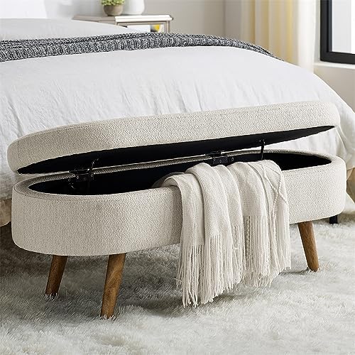 TRIPLE TREE 43.5" Storage Ottoman Bench with 250lb Seating, Linen Upholstered Wood Legs Safety Hinge Flip Top Oval Foot Rest Long Stool for Sofa Couch Bedroom End of Bed Living Room Entryway, Beige - Beige