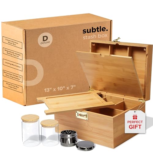 Subtle Deluxe Extra Large Bamboo Storage Box with Lockable Magnetic Lid - Includes 2 Glass Jars, Grinder, and Tray Insert - Discrete & Smell-Resistant - (13" x 10" x 7") - Deluxe