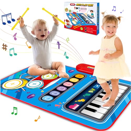 Baby Toys for 1 Year Old: Baby Musical Mat Toddler Toys Age 1-2 - 2 in 1 Piano Drum Babies Play Mat - Infant Music Toy 12-18 Months Babies Birthday Valentines Gifts for 1 2 3 Year Old Boys Girls - Blue