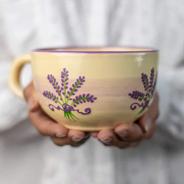 Handmade Ceramic Designer Lavender Floral Purple and Cream Cup, Unique Extra Large 17.5oz/500ml Pottery Cappuccino, Coffee, Tea, Soup Mug | Housewarming Gift for Tea Lovers by City to Cottage®