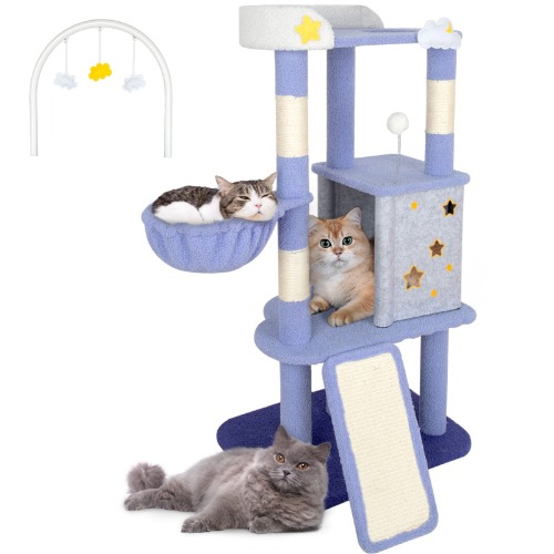 Happy & Polly 53" Cat Tree Cute Tower Furniture with Sisal Scratch Post and Board, Heavy Duty Anti-Scratch Cats Tree for Indoor, Multi-Level Cat Condo with Plush Perch and Hanging Toys (Purple) - King Cloud Cat Tree