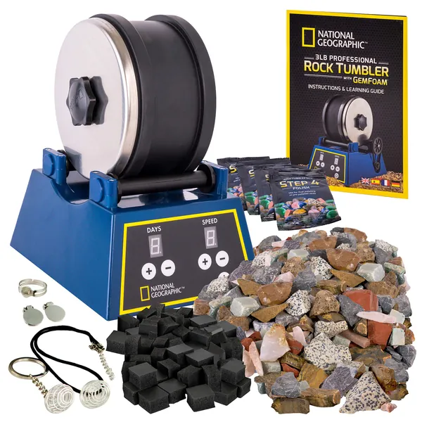 NATIONAL GEOGRAPHIC Rock Tumbling Kit - 3LB Extra Large Capacity, 3LB Rough Gemstones, 4 Polishing Grits, Jewelry Fastenings, an Educational STEM Science Kit