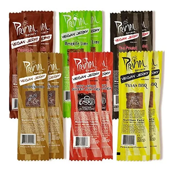 
                            Primal Spirit Vegan Jerky - Our Sampler Pack, 10g. Plant Based Protein, Certified Non-GMO ("The Classics" Thai Peanut, Mesquite Lime, Teriyaki, Hot & Spicy, Hickory Smoked, & Texas BBQ, 12-Pack, 1 oz)
                        