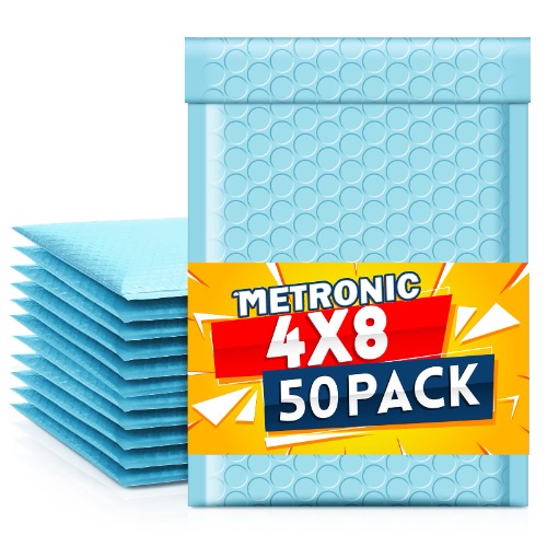 Metronic Light Blue Bubble Mailers 50 Pack, 4x8 Bubble Poly Mailers, Self-Seal Shipping Bags, Padded Envelopes, Bubble Polymailers for Shipping, Mailing, Packaging for Business, Bulk #000 - Light Blue - 4x8"
