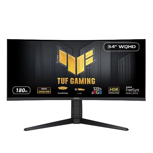 ASUS TUF Gaming 34” 1440P 1500R Curved Monitor (VG34VQL3A) - QHD (3440 x 1440), 180Hz, 1ms, Extreme Low Motion Blur, Freesync Premium Pro, 125% sRGB, DisplayHDR 400, Height Adjustable, 3 year warranty - 34" QHD 180Hz Freesync Premium Pro - Monitor