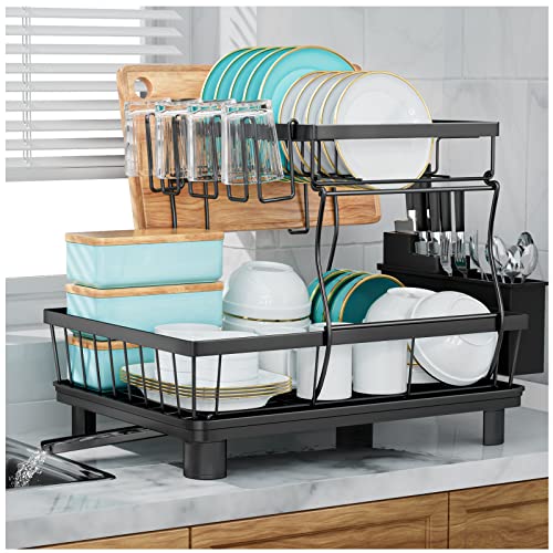 7 code 2-Tier Dish Drying Rack for Kitchen Counter,Detachable Large Capacity Dish Drainer Organizer with Utensil Holder, Drain Board,Black - Black - 2 Tier