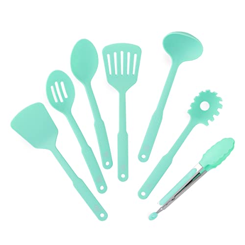 GreenLife Cooking Tools and Utensils, 7 Piece Nylon Set including Spatulas Turner Spoons and Tongs, Dishwasher Safe, Turquoise - Turquoise