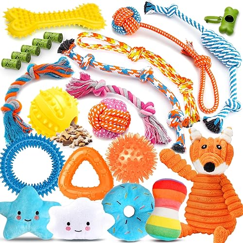 Zeaxuie 23 Pack Luxury Puppy Toys for Teething Small Dogs, Puppy Chew Toys with Rubber Toys, Ropes and More Squeaky Toys - 23 Pack (Stuffed-Fox)