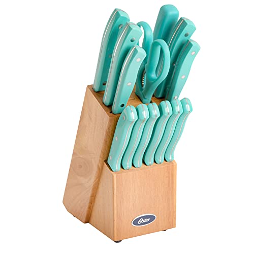 Oster Evansville 14 Piece Cutlery Set, Stainless Steel with Turquoise Handles - - 14-Piece - Turquoise/Wood