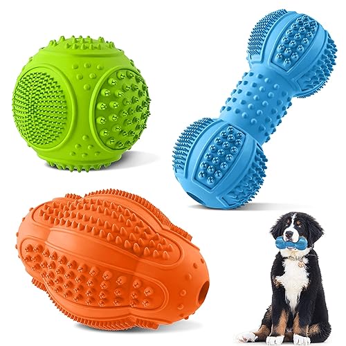 LUKITO Dog Chew Toys 3 Pack for Aggressive Chewers, Multifunctional Teeth Cleaning and Gum Massage, Tough Toys with Natural Rubber for Large and Medium Dog - Blue-Green-Orange