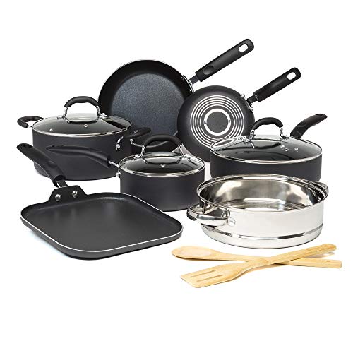 Goodful Cookware Set with Premium Non-Stick Coating, Dishwasher Safe Pots and Pans, Tempered Glass Steam Vented Lids, Stainless Steel Steamer, and Bamboo Cooking Utensils Set, 12-Piece, Charcoal Gray - 12-Piece Non Stick Cookware Set - Charcoal Gray